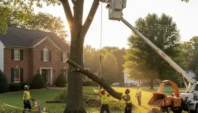 Professional tree removal crew using bucket truck and chainsaws at residential property in Harrisburg, PA