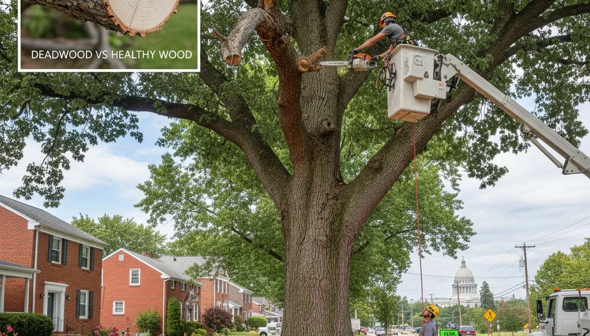 Arborist removing dead branches from mature tree in Harrisburg, PA with professional trimming equipment