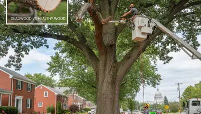 Arborist removing dead branches from mature tree in Harrisburg, PA with professional trimming equipment