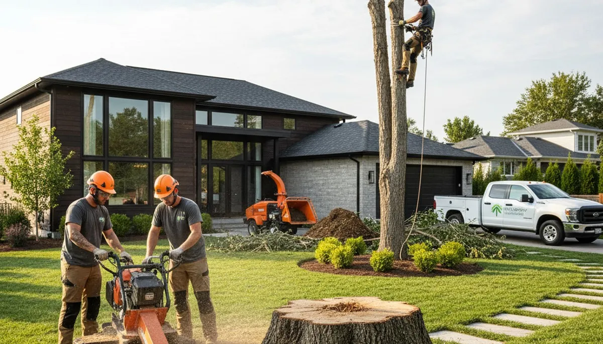 Professional landscapers trimming trees and maintaining lawns in Harrisburg, PA