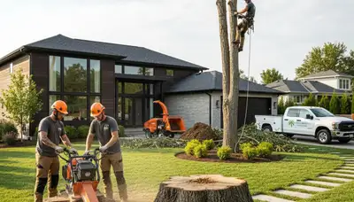 Professional landscapers trimming trees and maintaining lawns in Harrisburg, PA