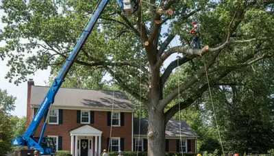 Arborists performing large tree removal with bucket truck in New Cumberland near Harrisburg, PA homes