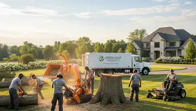 Professional lawn care and tree removal crew working in Harrisburg, PA yard