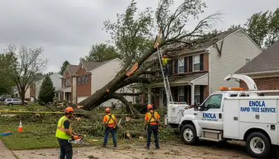 Emergency tree removal crew clearing storm-damaged trees in Enola, near Harrisburg, PA homes