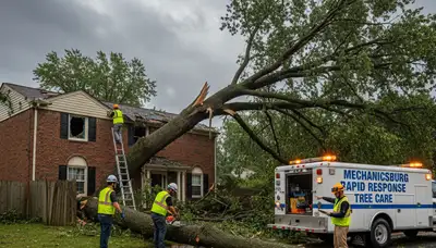 Emergency tree removal crew clearing storm damage in Mechanicsburg, PA after severe weather