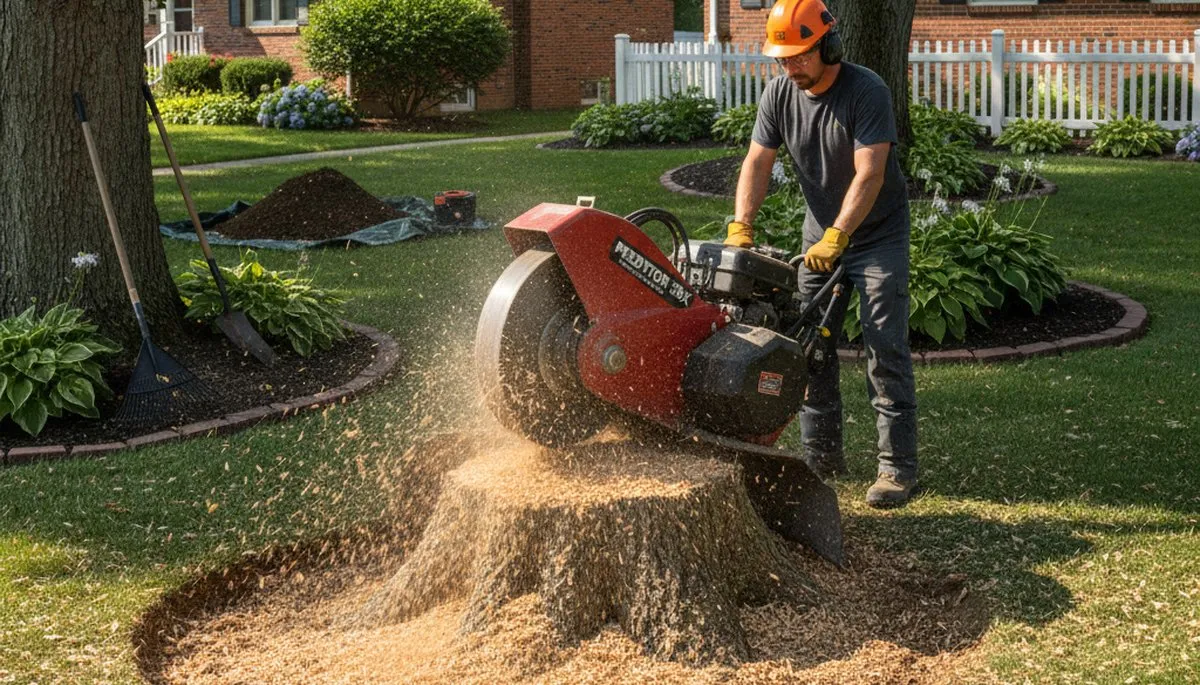 Stump grinding service removing tree stump in Lemoyne, Harrisburg PA for lawn restoration and pest prevention
