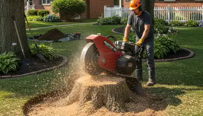 Stump grinding service removing tree stump in Lemoyne, Harrisburg PA for lawn restoration and pest prevention