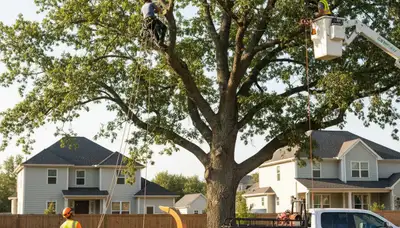Arborist pruning oak branches during professional tree trimming in Harrisburg, PA