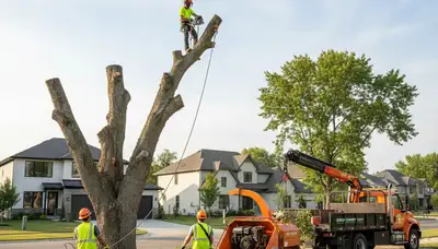 Professional tree removal service in Harrisburg, PA safely cutting and clearing large oak trees