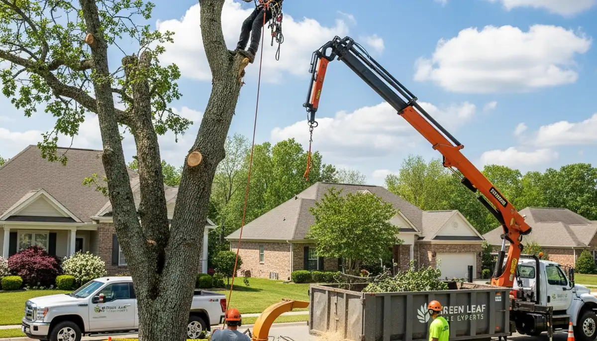 Professional tree removal service crew trimming large oak in Harrisburg, PA
