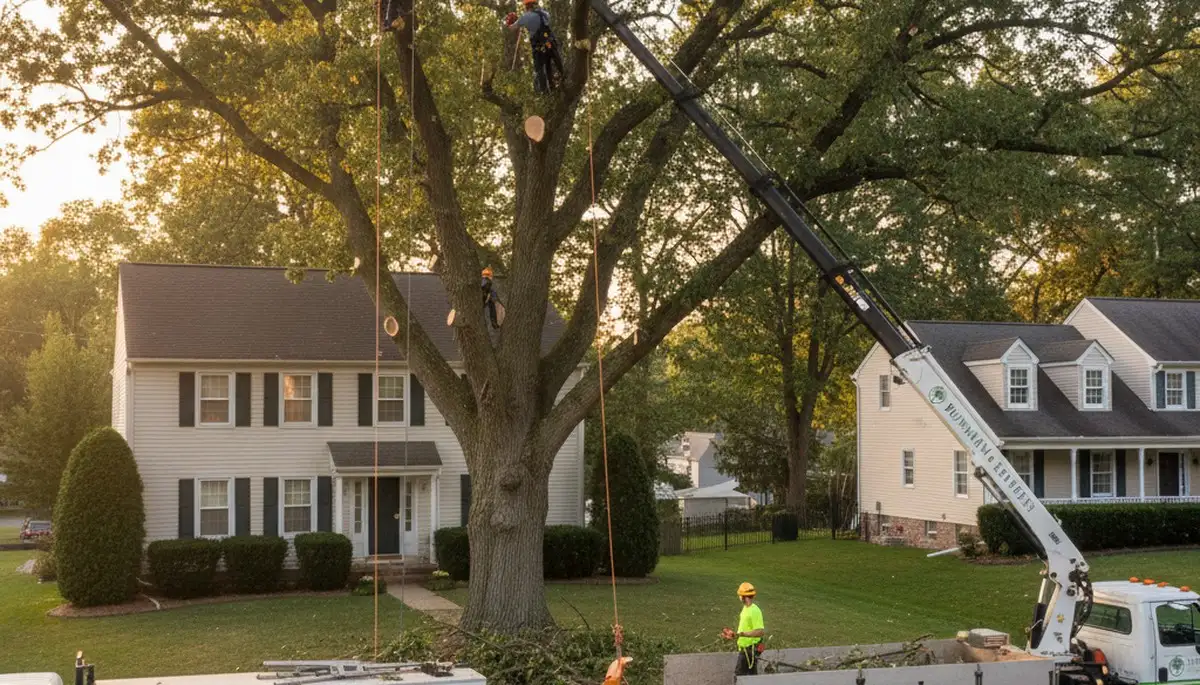 Professional tree removal service in Harrisburg PA safely cutting damaged oak tree