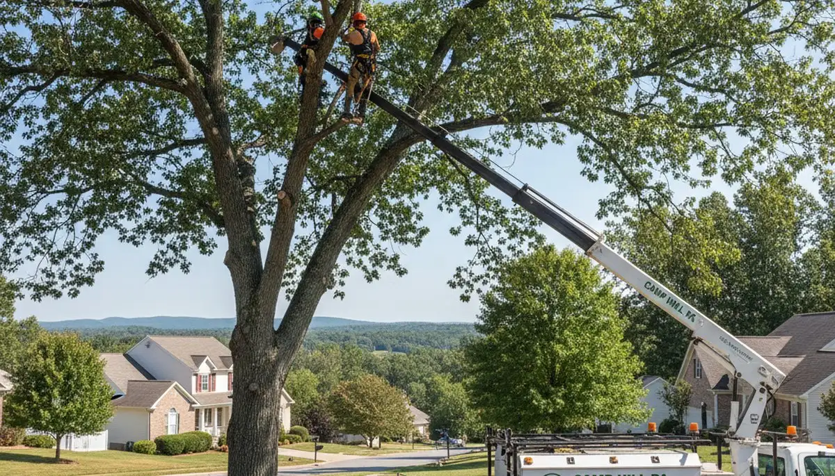 Professional tree removal service in Harrisburg PA safely cutting down large oak tree