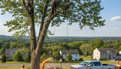 Professional tree removal service crew working safely in Harrisburg, PA backyard