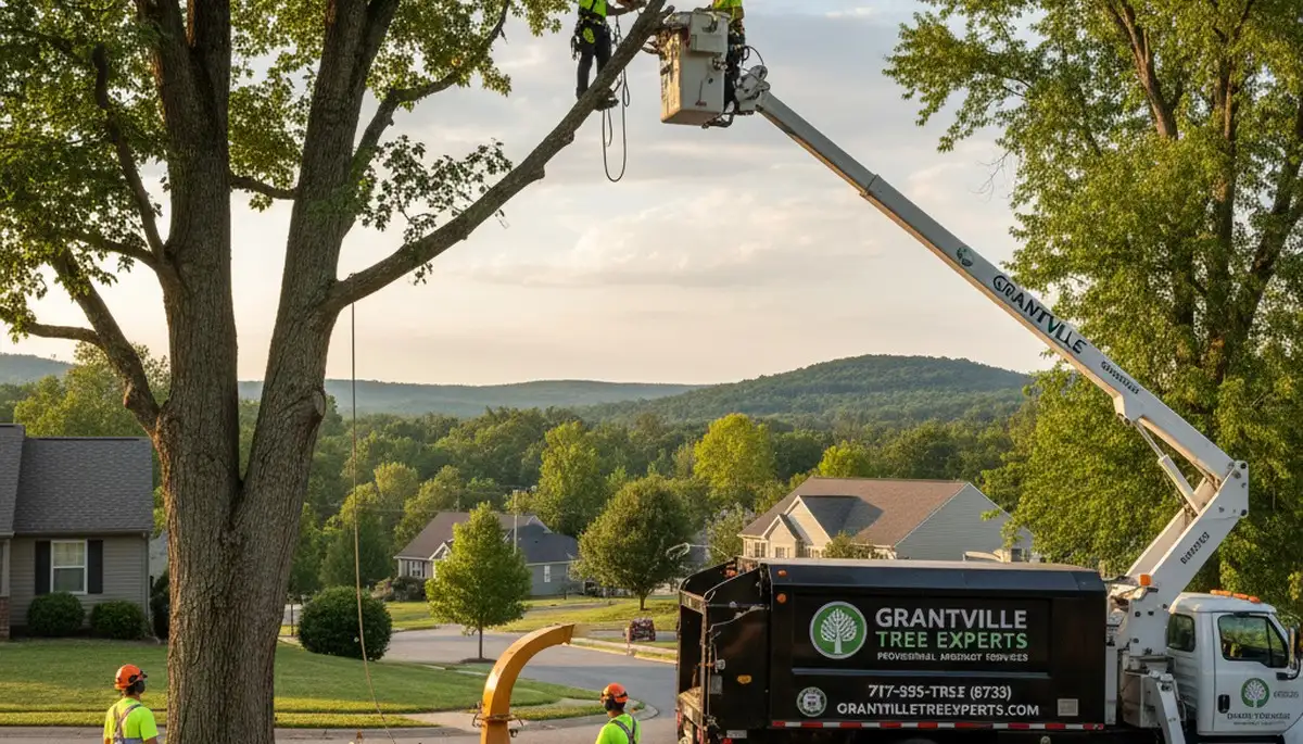 Professional tree removal service in Harrisburg PA safely cutting down large oak tree