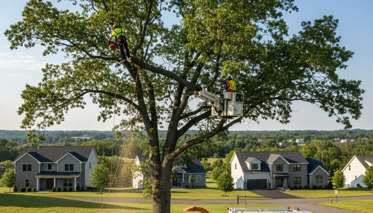 Professional tree removal service in Harrisburg, PA safely cutting large oak near residential property