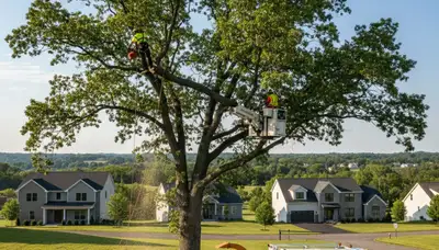 Professional tree removal service in Harrisburg, PA safely cutting large oak near residential property