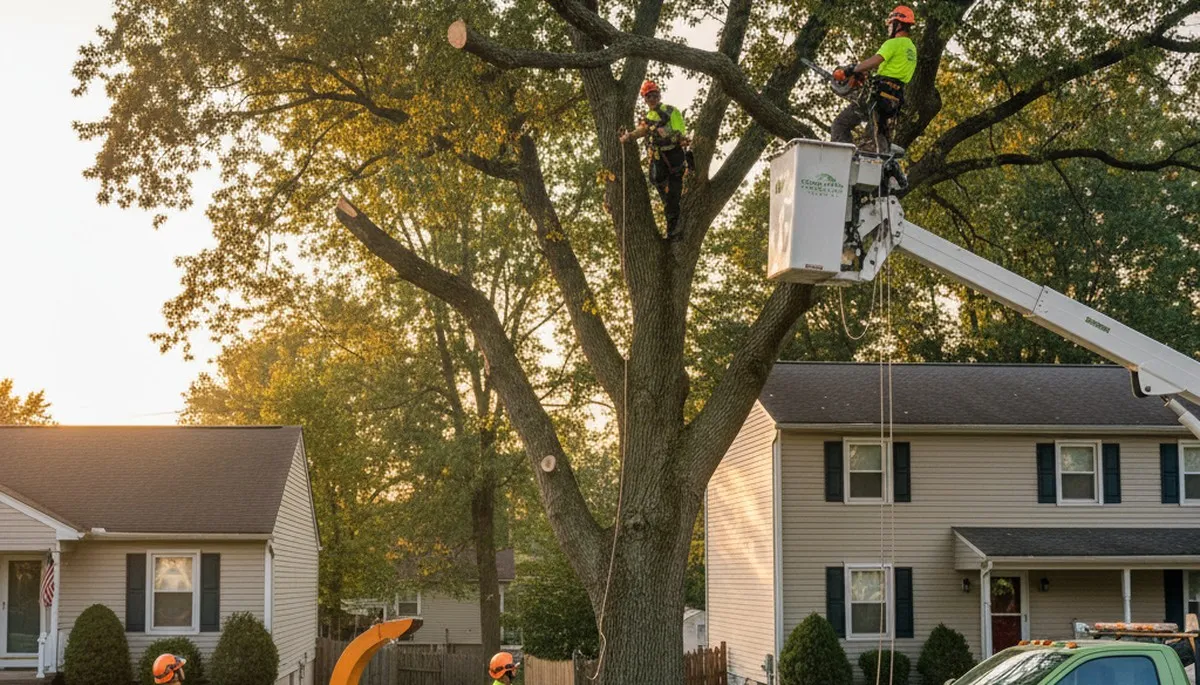 Professional tree removal service in Harrisburg PA safely clearing large oak near residential property