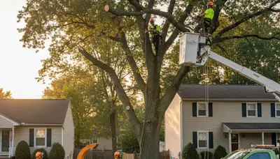 Professional tree removal service in Harrisburg PA safely clearing large oak near residential property