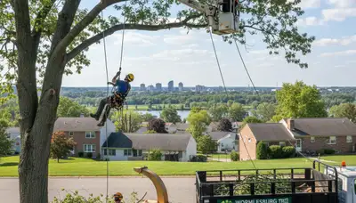Professional tree removal service crew working safely in Harrisburg, PA residential area